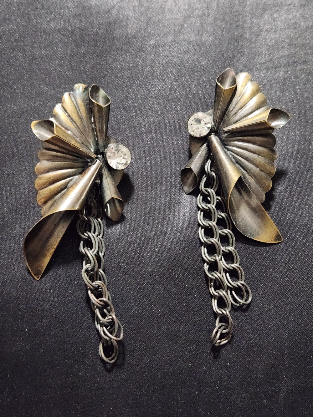 Antique Finish Brass Fan Dangle Earrings with Clear Crystal Accent Statement